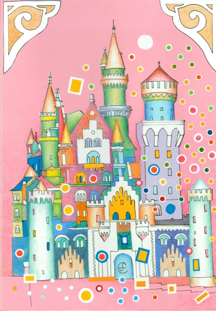 Städtebild Neuschwanstein von Stefan Eichler: das Märchenschloss mit bunten Türmen und Zinnen vor rosa Grund, umgeben von farbigen Punkten und Quadraten