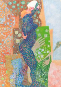 Frauenbildnis „Klimtnixe“ von Stefan Eichler: Frauenfigur in buntem Punktmuster vor orangen, braunen und grünen Ornamentflächen