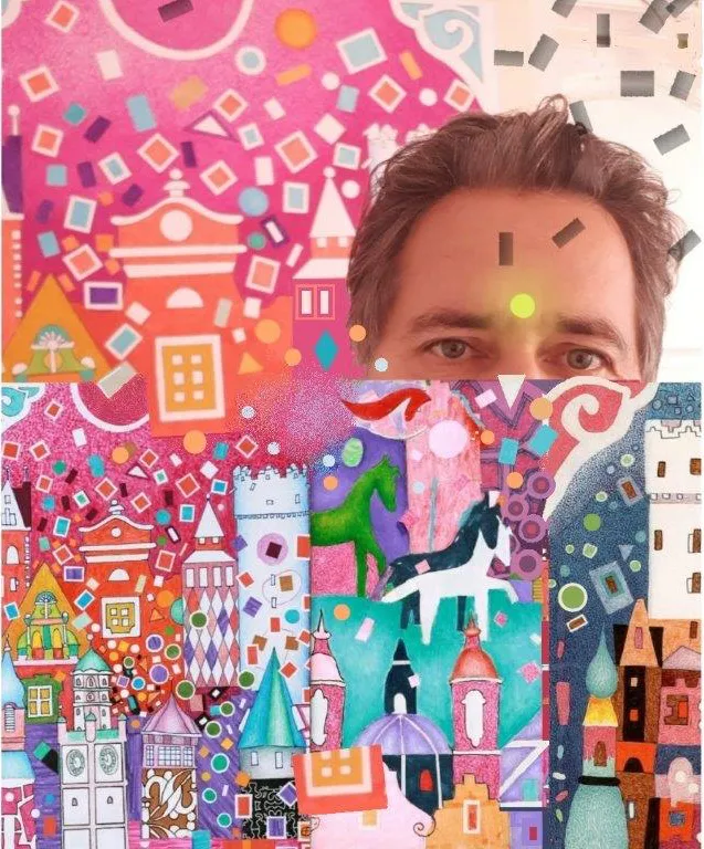 Collage: Stefan Eichler blickt über eine Reihe seiner farbenfrohen Städtebilder