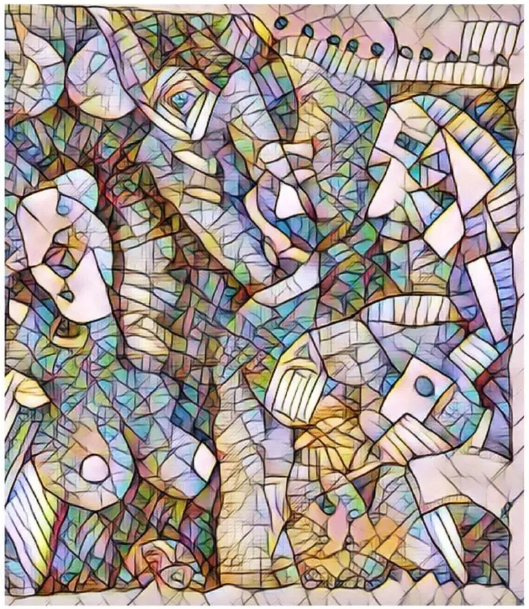 Gemälde von Stefan Eichler: abstrakte, mosaikartig gebrochene Formen und Gesichter in Pastellblau, Rosa und Ocker