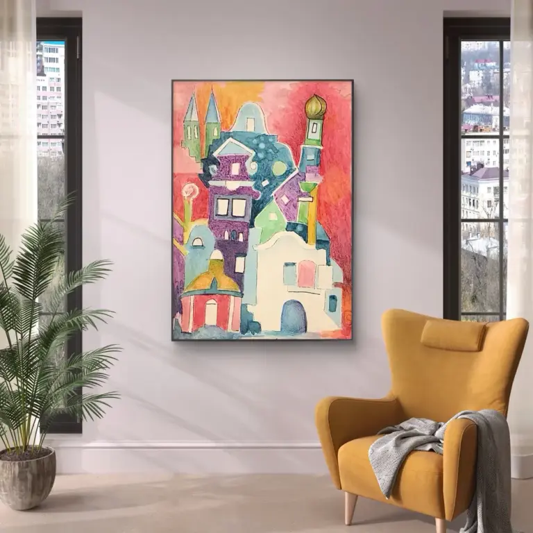 Kunstdruck eines farbenfrohen Städtebilds von Bregenz an der Wand eines hellen Wohnraums, daneben ein gelber Sessel