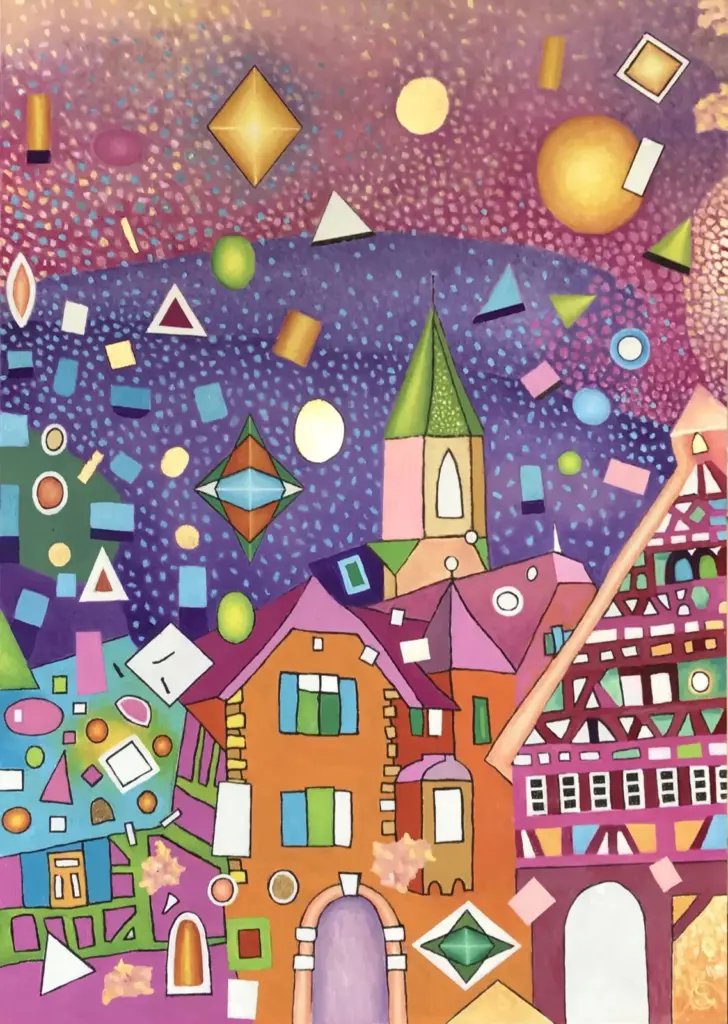 Gemälde von Stefan Eichler zum 50-jährigen Stadtjubiläum von Weinstadt: bunte Fachwerk- und Giebelhäuser mit grünem Kirchturm vor violettem Himmel voller farbiger Formen