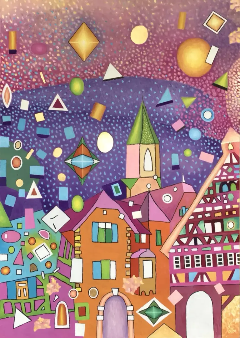 Gemälde von Stefan Eichler zum 50-jährigen Stadtjubiläum von Weinstadt: bunte Fachwerk- und Giebelhäuser mit grünem Kirchturm vor violettem Himmel voller farbiger Formen