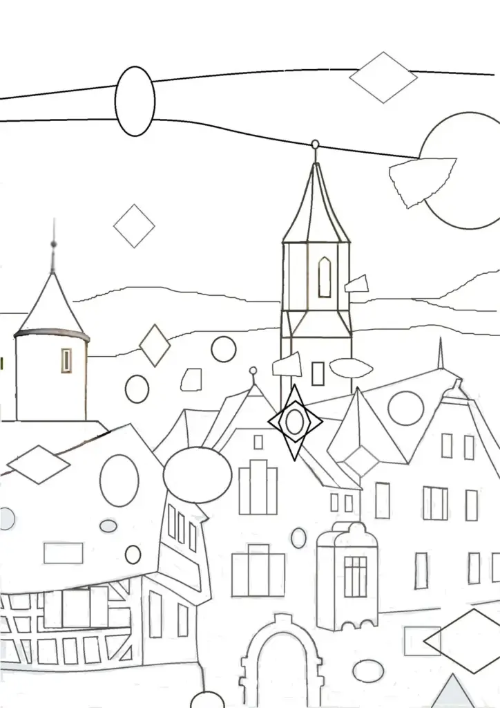 Bleistiftskizze von Stefan Eichler für das Weinstadt-Gemälde: Kirchturm, Rundturm, Fachwerk- und Giebelhäuser unter einem Himmel mit Kreisen und Rauten